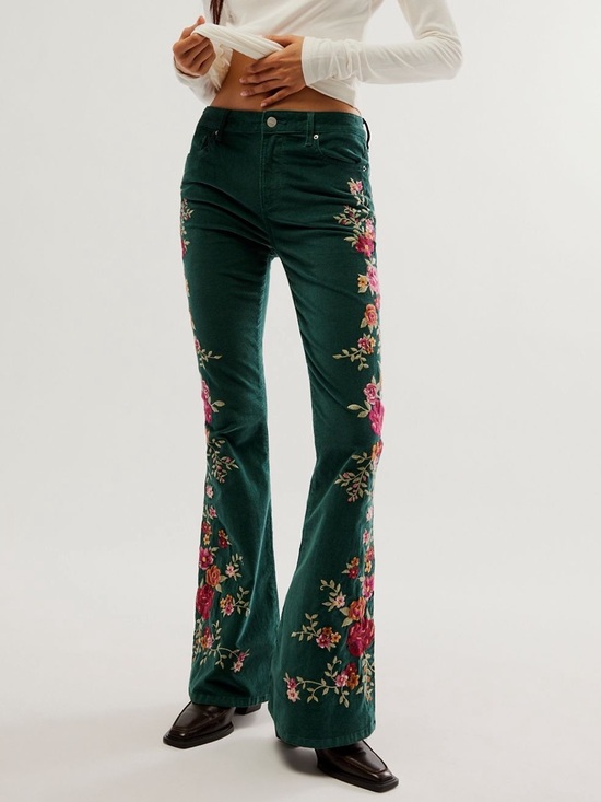 DRIFTWOOD Denim - NWT  Driftwood Farrah Embroidered Corduroy Flare Jeans 25 and 29 Forest Green